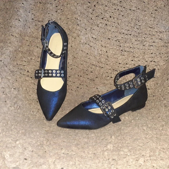MARC FISHER-Alen-Two Strap Grommet Shimmery Blue Nubuck-Pointed Toe-Sz 8.5-NM - Picture 1 of 7